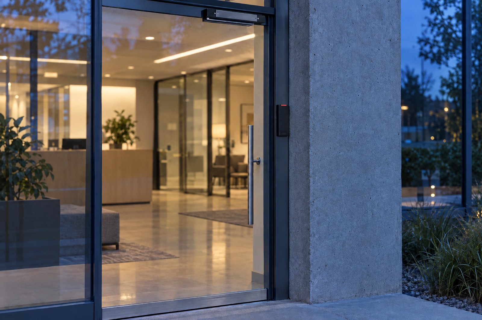 An office entrance with a card reader on the door frame and a maglock along the top of the glass door
