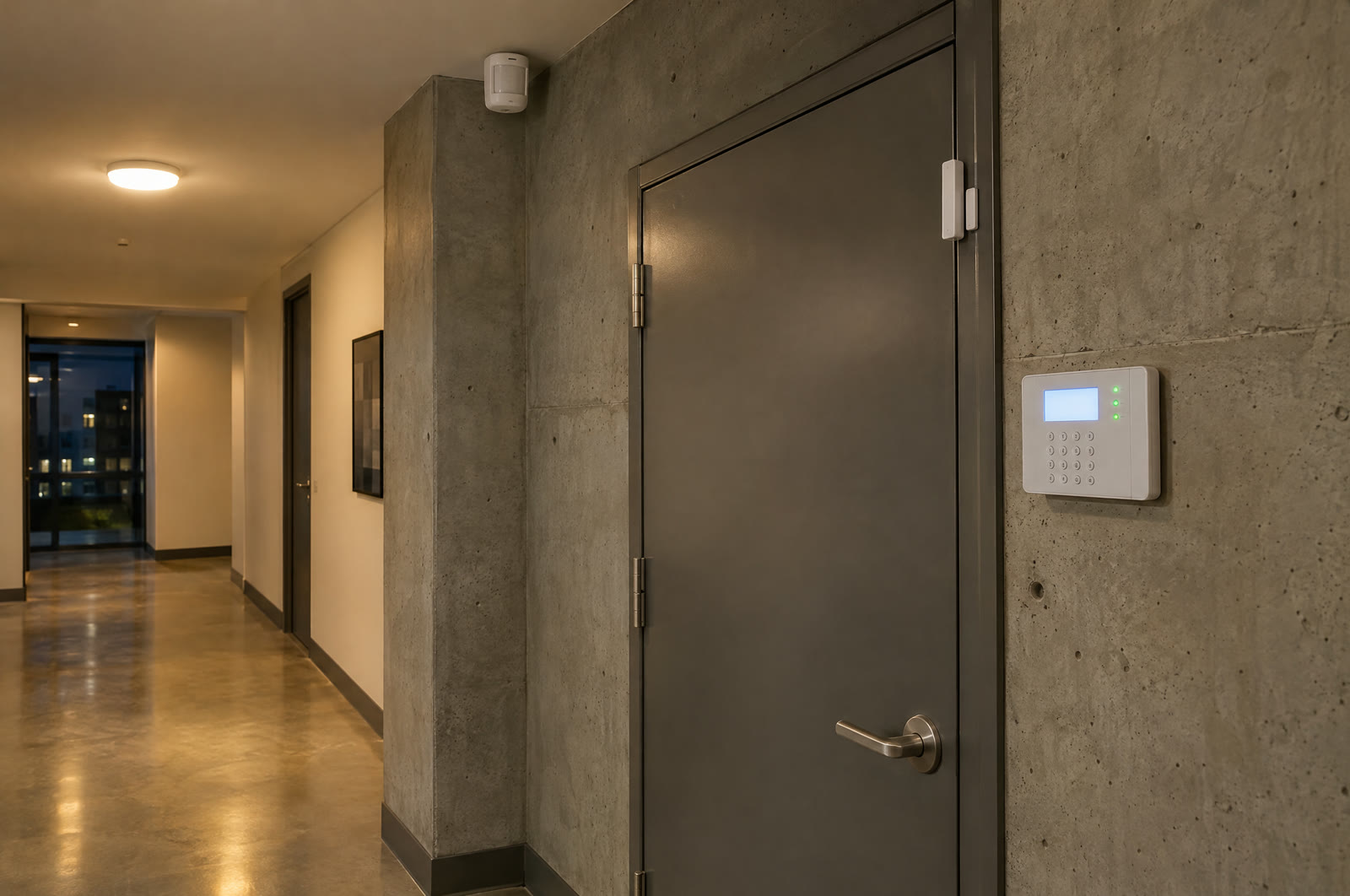 An office hallway with an alarm keypad beside a steel door and a motion detector in the ceiling corner