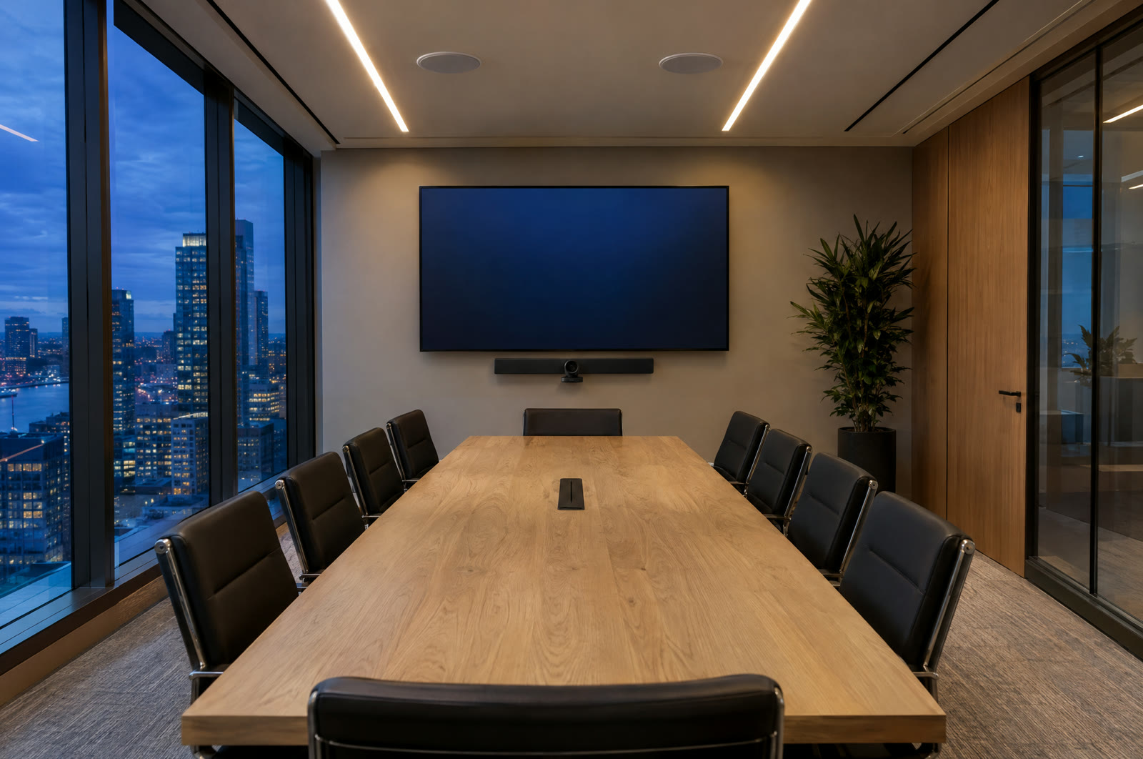 A conference room at dusk with a wall-mounted display, a video bar and ceiling speakers