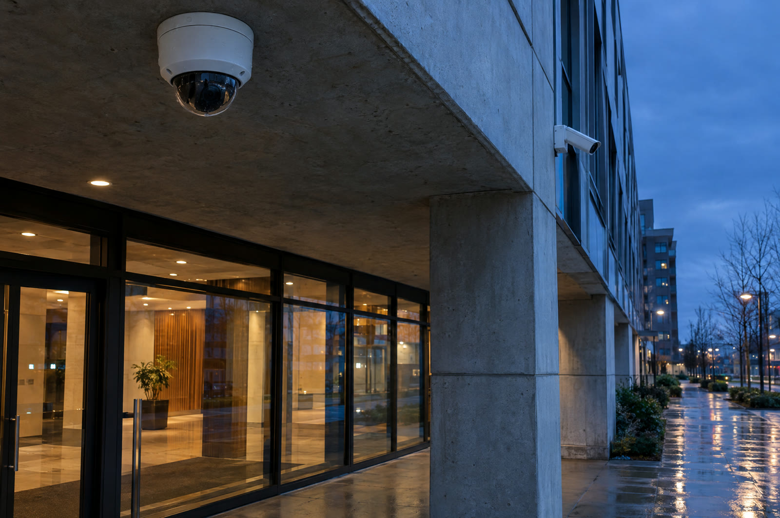A dome security camera under a building canopy at dusk, with a bullet camera on the corner of the facade
