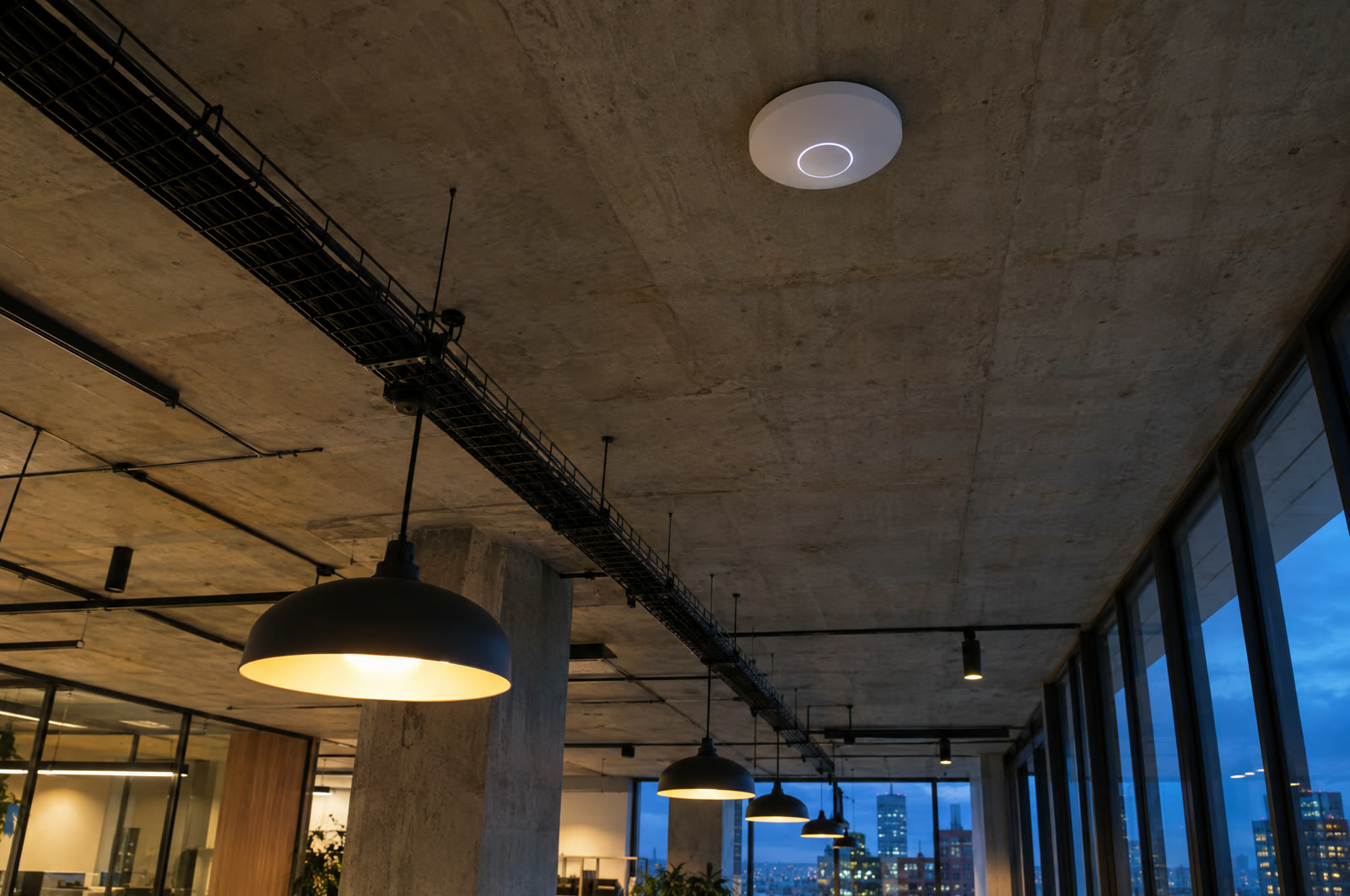 A ceiling-mounted wireless access point on an exposed concrete office ceiling