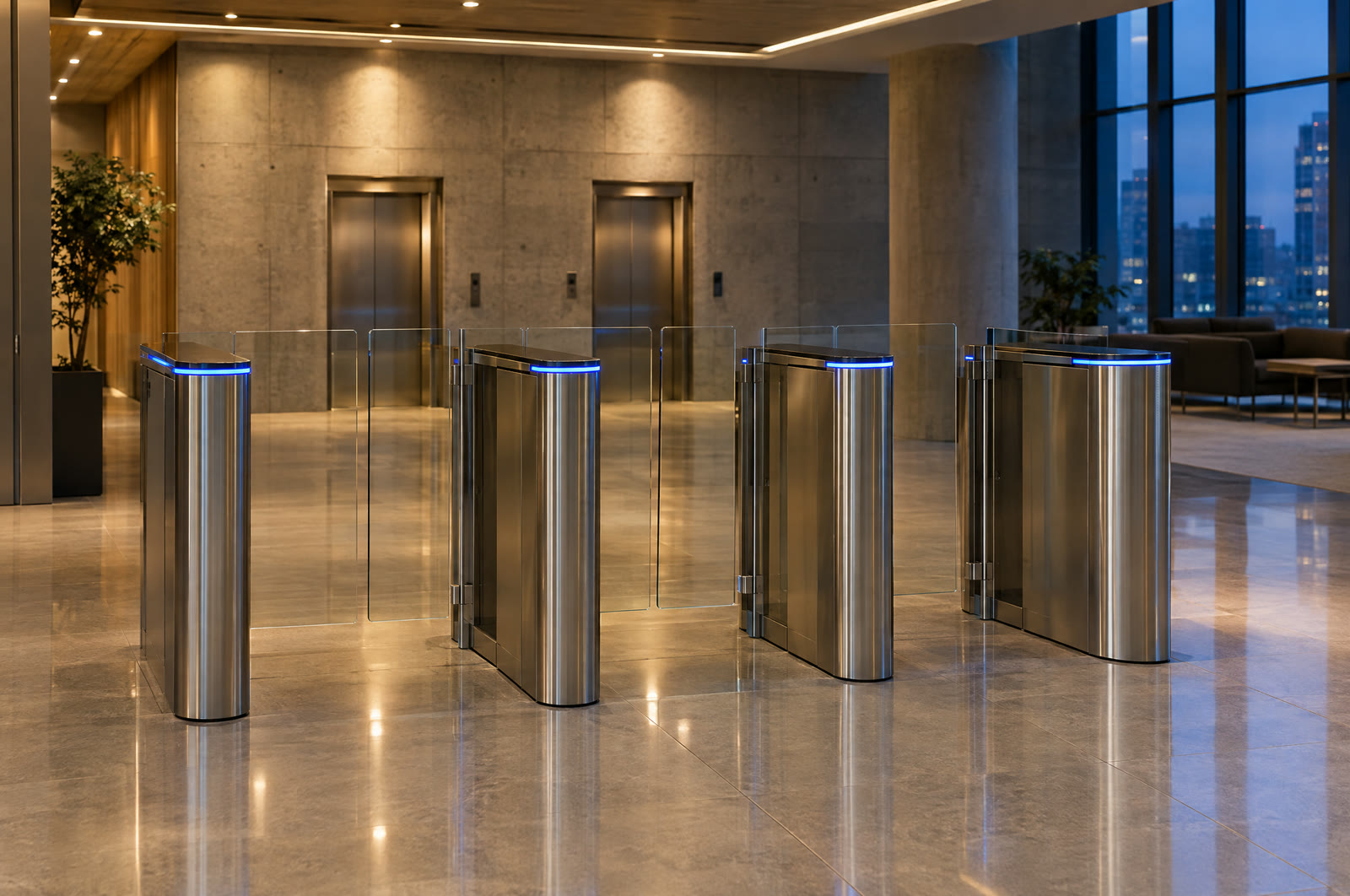 An office lobby at night with a row of glass speed gate turnstiles
